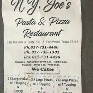menu showing pricing - no &quot;takeout only&quot;