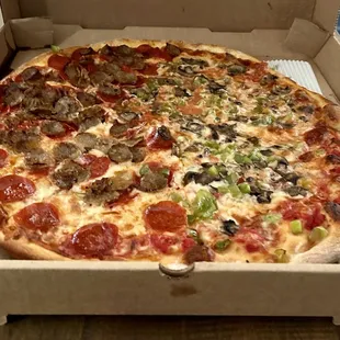Take out half sausage &amp; pepperoni / half mushrooms &amp; green pepper on crispy thin crust. Yum-a-licious