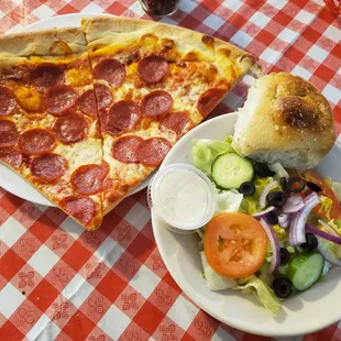 a slice of pizza and a salad