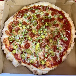 pepperoni, jalapeno, and cheese pizza