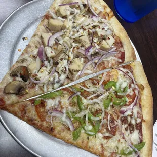 Veggie Lover's Pizza plus Grilled Chicken Pizza slice