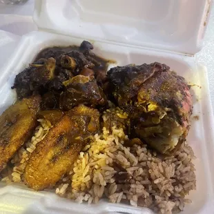 Jerk Chicken, Ox tail, rice &amp; peas with plantains