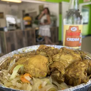 Jamaican Cream Soda , Rice &amp; Peas, Steamed Cabbage, Curry Chicken, Beef Patty, Jamaican Food