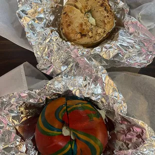 Rainbow &amp; everything bagel with chive cream cheese