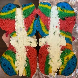 Rainbow bagel with chive cream cheese