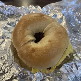 Bacon, egg and cheese on a plain bagel