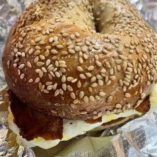 Bacon Egg and Cheese on A Sesame Bagel. Substantial and delicious!