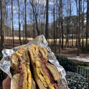 Pastrami egg and cheese on everything