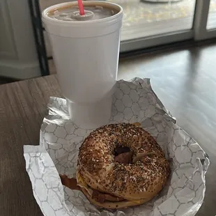 Ice Coffee Large and  Meat &amp; Egg on Everything Bagel