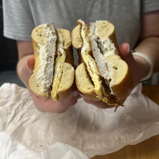 French toast bagel, egg, sausage, cheese, honey walnut cream cheese.