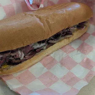 Hot Pastrami Sub w/mustard, pepper jack cheese and onions