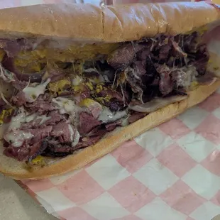 Hot Pastrami Sub w/mustard, pepper jack cheese and onions