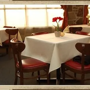 a table with a white tablecloth