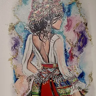 a watercolor painting of a woman in a dress