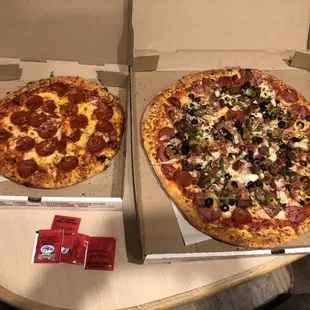 Supreme on the right and standard pepperoni on the left