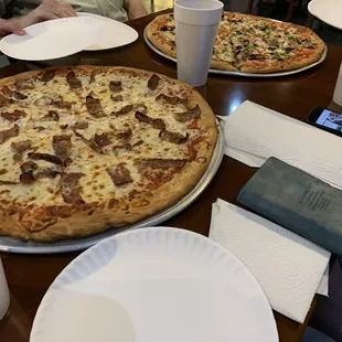 Veggie and sausage pizzas!  Loved the shaved sausage, the best!!