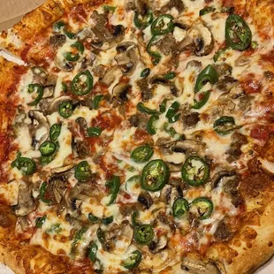 .38 Special (name from menu). Jalapeño, meatball, mushroom &amp; onion.