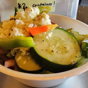 Greek salad that can be added to the lunch special for a couple of bucks.  Sept 2023.