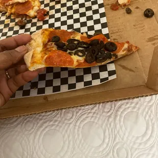 Pepperoni pizza with black olives