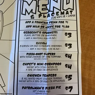 Kids menu