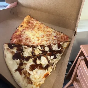 BBQ Chicken Pizza and cheese pizza