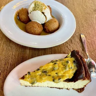 Passion fruit Basque cheesecake and Loukoumades
