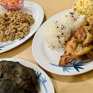 Laulau (Front), Kalua Pig (Left), Shoyu Chicken (Right)
