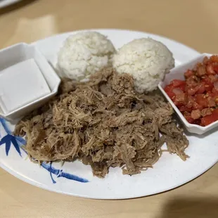 Kalua pork, lomi lomi salmon, haupia &amp; rice