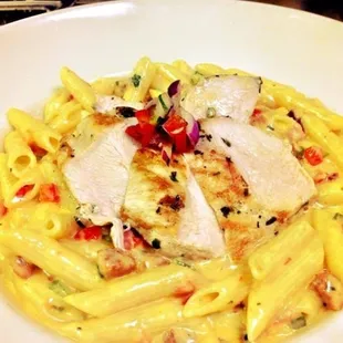 Chicken and andouille sausage over penne with bell peppers, red onion, and tomatoes in a chipotle gouda cream sauce.