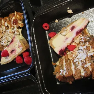 Carrot cake and raspberry cheesecake. One serving of each, kindly split in half into two to-go boxes by our nice server!