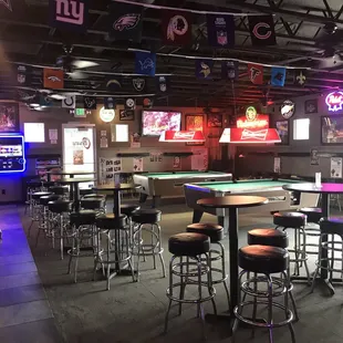 a pool table and bar