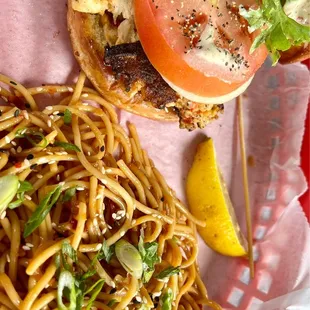 Crab cake sandwich w/ Thai noodles
