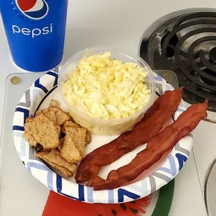 A deconstructed sandwich (no bread). The egg salad, bacon by the slice, and Ritz veggie crackers are a tasty lunch!