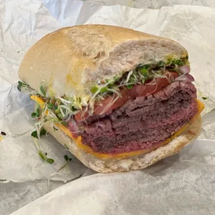 O&apos;Brien roast beef sourdough roll sprouts instead of lettuce. Fresh roasted meat. I requested rare meat