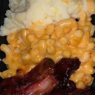 Ribs, Mac n cheese and mashed potatoes