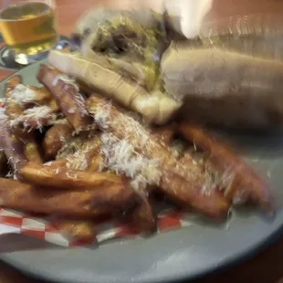 Beer Cheese Steak Sandwich, Side of Garlic Fries