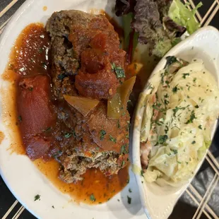 Meatloaf and cabbage side.