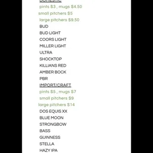 Beer and soft drinks list