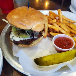 Veggie burger and fries