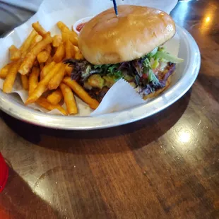 Veggie burger and fries