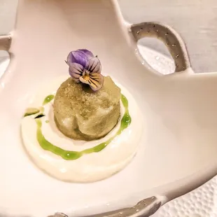 BLUEBERRY AND RED CURRANT  CHARTREUSE SABAYON, BLUEBERRY COMPOTE, HERB SORBET