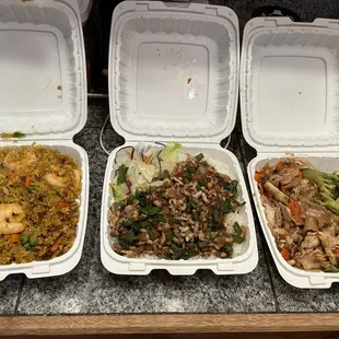 Pineapple curry fried rice with shrimp, Thai basil chicken (special of the day), and pad se ew with chicken.