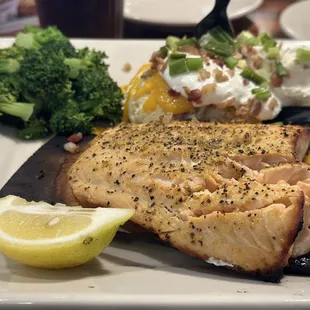 Cedar-Planked Salmon, Loaded Mashed Potatoes, and Broccoli