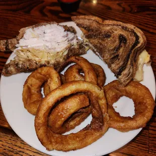 Rachel Sandwich And Onion Rings.  One Of Their Best Menu Items.