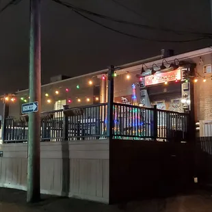 Mini patio at O'Connor's in back with decorated Christmas lights.  12/29/2023