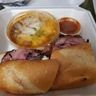 Tri tip &amp; blue (tri tip meat, onions, blue cheese crumbles) side is tri tip chili. $15ish + tax