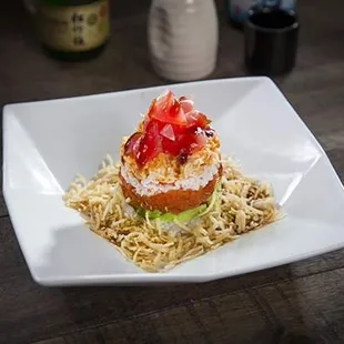 [Tuna Tartar] - Fresh tuna, Spicy crab meat, Spicy tuna, Crab meat, Rice, Avocado &amp; Crispy wonton.