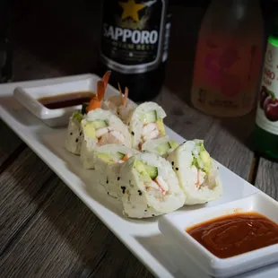 [Super Yellow Tail] - Fresh Yellowtail &amp; Shrimp rolled w/Soybean paper, Avocado, CuCumber