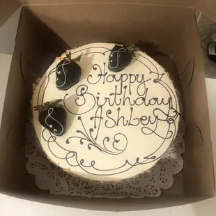 This years birthday cake! Absolutely gorgeous and light almond flavored, with chocolate covered strawberries. Perfect combination!