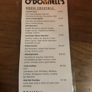 Drink menu